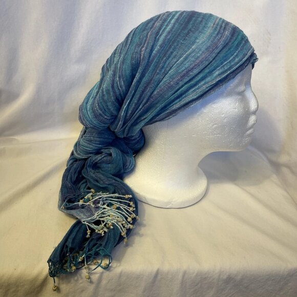 Nomadic Traders 70" x 30" Blue Green Striped Scarf Head Wrap Beaded Fringe - Picture 3 of 8